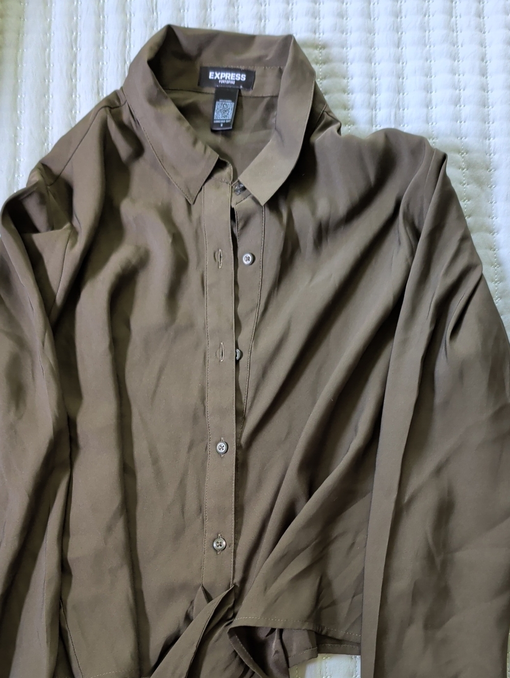 Express Men's Olive Brown Long-Sleeve Button-Up Shirt